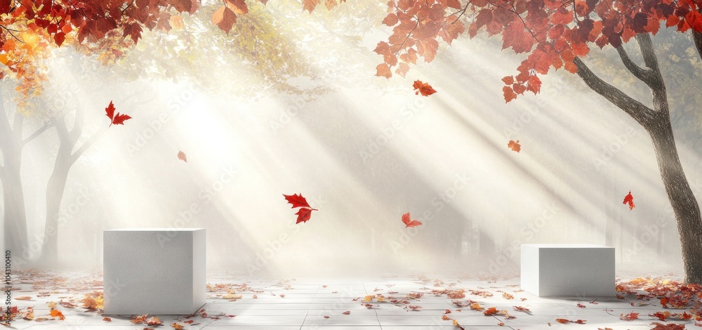 Poster serene autumn scene with sunlight filtering through trees and falling leaves.