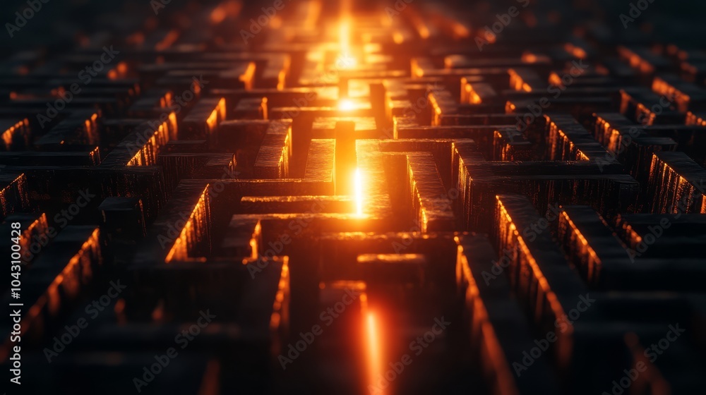 Poster path of illumination: a mesmerizing maze of intricate pathways illuminated by warm, ethereal light, 