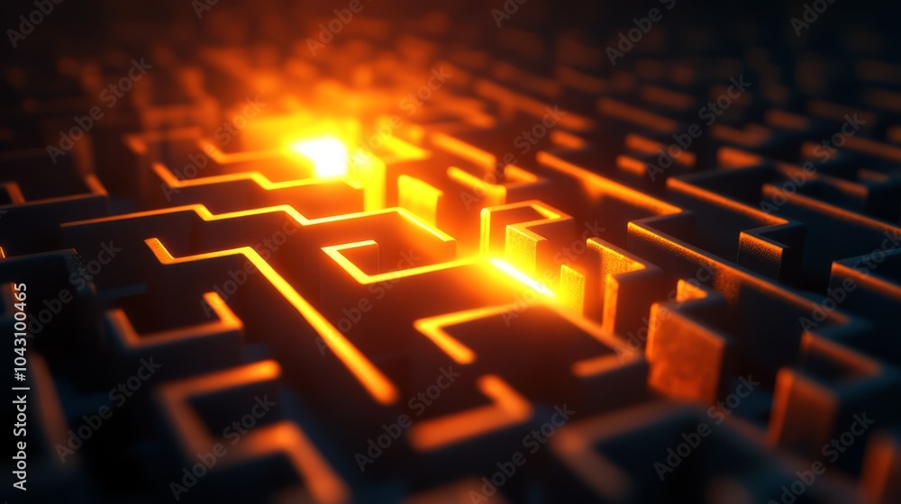 Poster illuminated path through complexity: a glowing path cuts through a dark, intricate maze, symbolizing