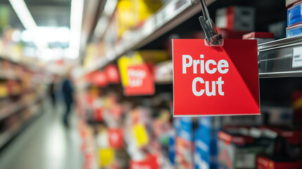 A store shelf filled with items marked with "Price Cut" bold red tags,  energetic and promotional mood, blurred background with shoppers browsing through the deals 