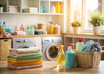 Fototapeta premium Cleaning Supplies in a Cozy Laundry Room with Tilt-Shift Effect for a Miniature Feel - Perfect for Home Organization and Interior Décor Inspiration