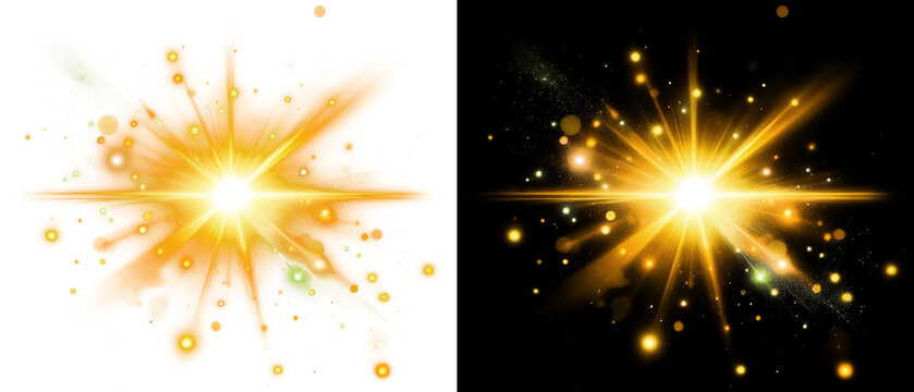 gold explosion of light radiating from a central point. The explosion should be filled with swirling, luminous particles and streaks of light, creating a dynamic