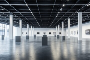 Empty gallery with white walls, black ceiling and grey floor.