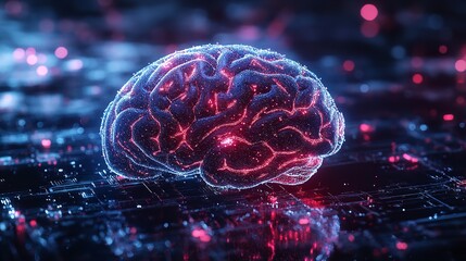 A digitally created image of a brain illuminated with neon red and blue lights, symbolizing the concepts of artificial intelligence and data processing in a futuristic style.