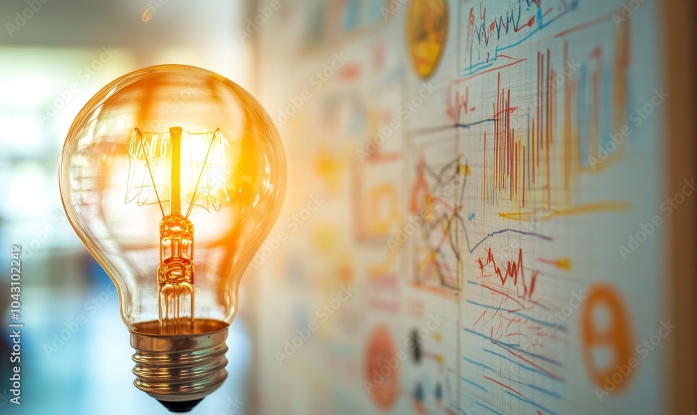 Poster a light bulb glows brightly in front of a whiteboard with colorful charts and drawings.