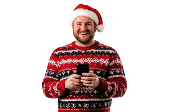 Happy Caucasian man wearing Christmas sweater and Santa hat using a smartphone isolated on a transparent background