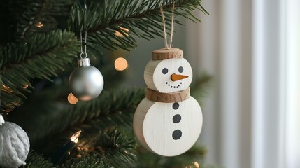 Charming Wooden Snowman Ornament Hanging on a Festive Christmas Tree