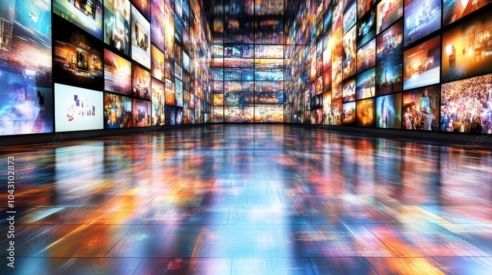 Poster a vibrant digital gallery with numerous screens displaying colorful images.
