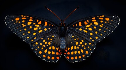Fototapeta premium A butterfly with orange and black patterned wings, wings spread out on a dark background