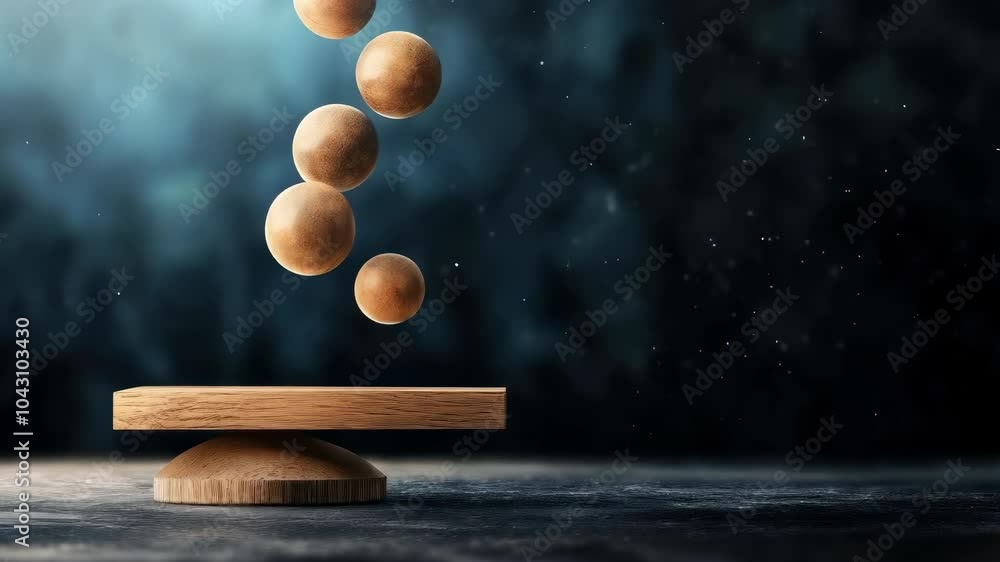 Poster floating wooden spheres above minimalist base an artistic display of balance and harmony in abstract