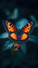 Fototapeta premium A butterfly with orange and black patterned wings, wings spread out on a dark background