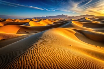 Naklejka premium Golden light casting shadows over desert dunes