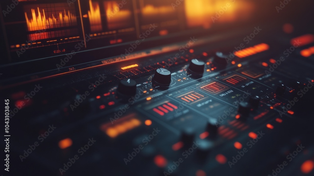 Poster a close-up of a digital audio mixer with glowing controls and sound wave displays.