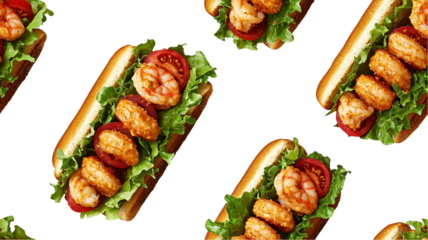 A vibrant arrangement of shrimp sandwiches featuring crispy shrimp, fresh lettuce, and tomatoes served on soft buns, set against a white background. transparent background