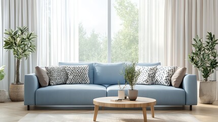 ミニマリストのスカンジナビア風リビングルーム - 爽やかなブルーソファと観葉植物 | Minimalist Scandinavian Living Room - Fresh Blue Sofa and Indoor Plants