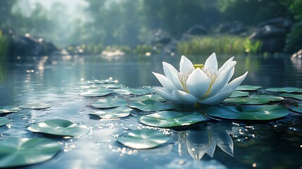 A single white water lily blooms in a pond surrounded by lily pads and lush greenery, with a blurred forest backdrop.