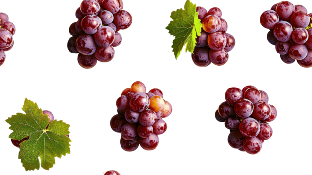 Fresh red grapes and green leaves arranged artistically on a white background, showcasing their natural beauty and vibrancy. transparent background - Powered by Adobe