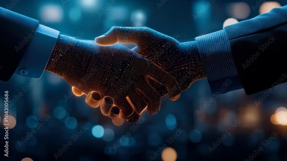 Poster digital handshake symbol of partnership and collaboration in technology, merging artificial intellig