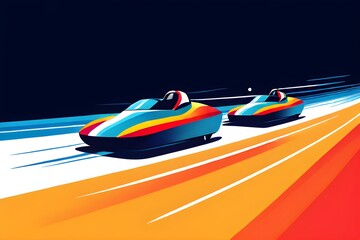 Abstract bobsled team racing down a sleek, minimalist track, with dynamic lines showing speed and motion in a simplified form
