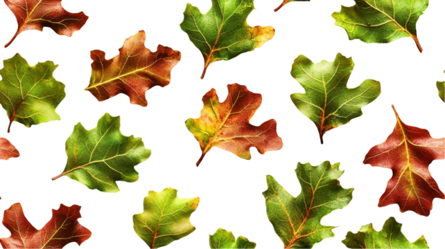 A vibrant arrangement of colorful autumn leaves scattered against a white background, showcasing varying shades of green, orange, and red. transparent background - Powered by Adobe