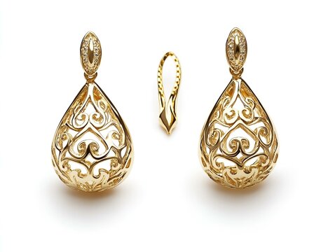 Intricate gold teardrop earrings with filigree design.