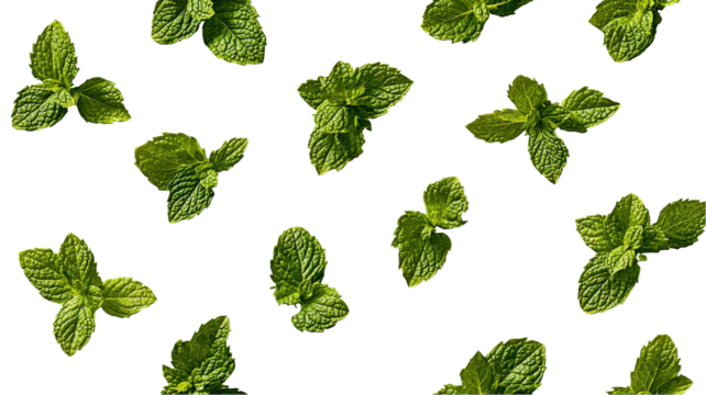 Fresh mint leaves scattered against a white background, showcasing their vibrant green color and unique leaf patterns. transparent background