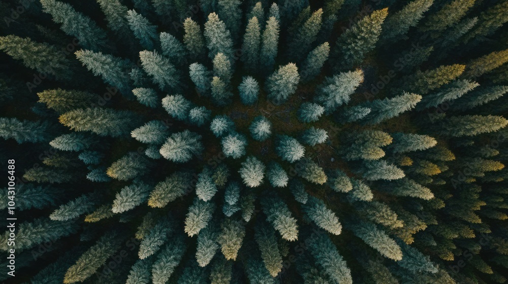 Poster aerial view of a dense forest with coniferous trees creating a symmetrical pattern.