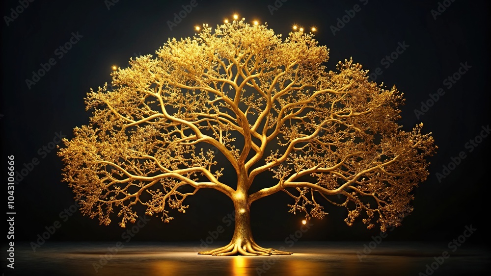 Poster golden tree with intricate branches against a dark background in a tilted angle