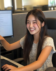 A young, happy, middle-aged Japanese woman is working at an office computer