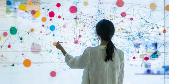 Connecting the Dots: A woman strategizes, her finger tracing connections on a vibrant, interactive network map. This image represents innovation, problem-solving, and strategic thinking. 