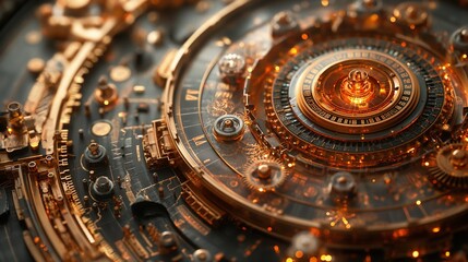 Fototapeta premium Floating elements of a deconstructed timepiece display intricate gears, glowing mechanisms, and circular designs in a captivating arrangement highlighting craftsmanship and engineering