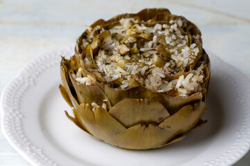 Fresh delicious stuffed artichoke, best Turkish food. Turkish name; Zeytinyagli Enginar Dolmasi