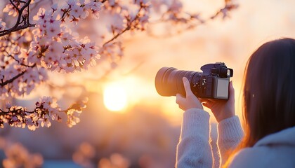 Fototapeta premium A person capturing a stunning sunset behind blooming cherry blossoms with a camera, showcasing nature's beauty.