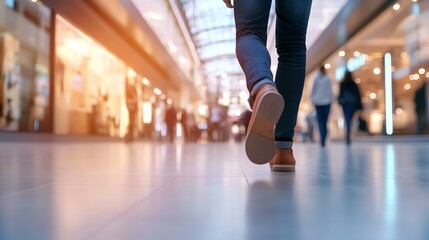 Fototapeta premium Person walking through a modern shopping mall with bright lights and blurred background shoppers.