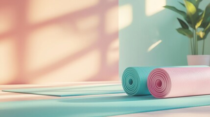 Yoga mats in pastel colors on a serene floor with a plant, creating a calming atmosphere for...