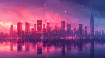 Fototapeta premium Cityscape at Dusk with Neon Lights