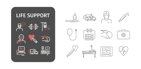 Emergency procedures linear icons set. Reanimation symbols. Intensive care treatment. Cardiac resuscitation. Vector signs