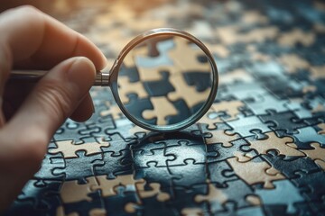 Naklejka premium Examining puzzle pieces with a magnifying glass
