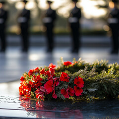 Tomb of the Unknown Soldier, with a solemn wreath laid in front,  engraved stone, respectful and peaceful atmosphere, blurred background with ceremonial guards in position