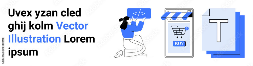 Wall mural a person holding a coding symbol beside an online shopping app interface and stacked documents. idea