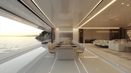 Obraz premium Modern Dining Room with Ocean View on a Luxury Yacht