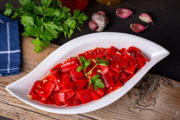 Roasted Pepper Salad Appetizer, Turkish appetizer, (Turkish name; sirkeli koz kirmizi biber mezesi)