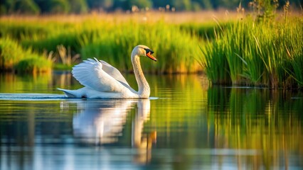 Obraz premium Graceful swan floating near grassy shore with forced perspective effect