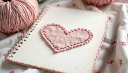 Handcrafted pink heart on paper notebook with yarn and sewing supplies on fabric background