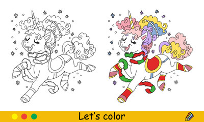 Kids Christmas coloring cute jolly jumping unicorn vector