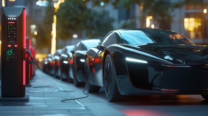 Fototapeta premium Electric vehicles waiting at a charging station