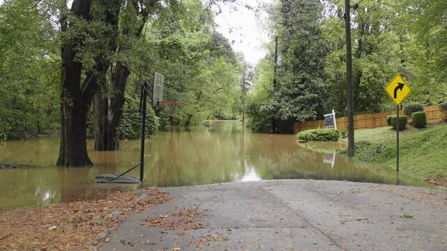 Hurricane Helene flooding a street from The Chattahoochee River in Atlanta, Georgia.