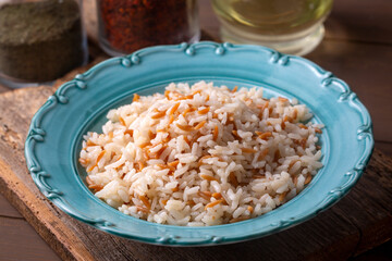 Traditional delicious Turkish food; Turkish style rice pilaf (Turkish name; Arpa sehriyeli pirinc pilavi)