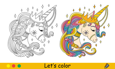 Kids Christmas coloring cute ornate unicorn head vector © alinart