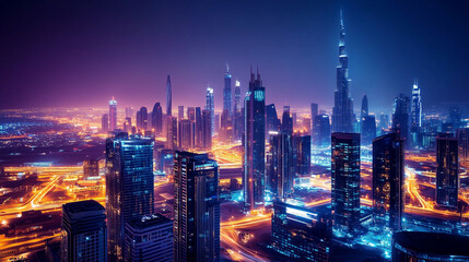 Fototapeta premium Nighttime city skyline with glowing skyscrapers